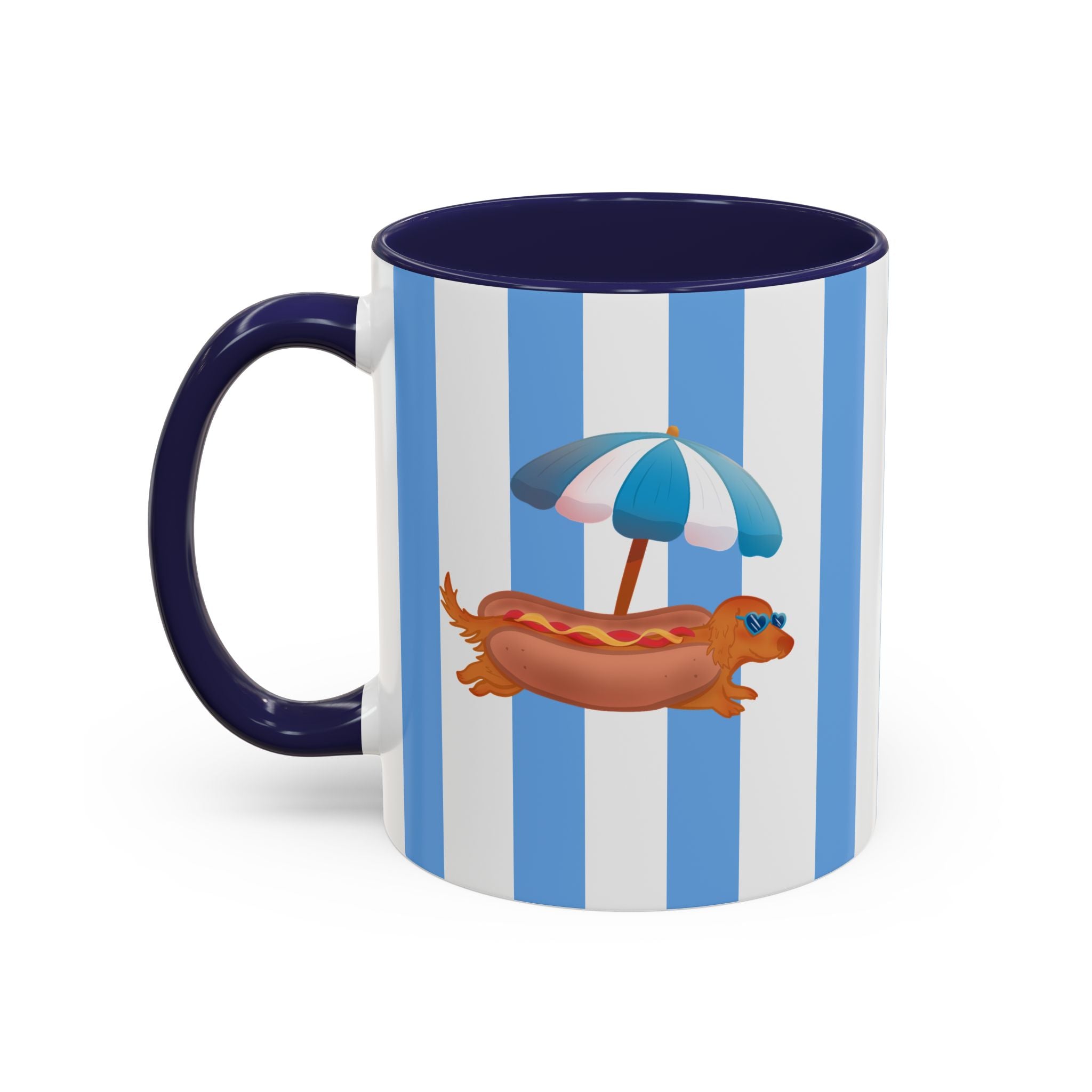 Hot Dog Dachshund Coffee Mug | Cute Wiener Dog with Beach Umbrella on Blue Stripes (11/15oz)