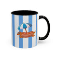 Hot Dog Dachshund Coffee Mug | Cute Wiener Dog with Beach Umbrella on Blue Stripes (11/15oz)