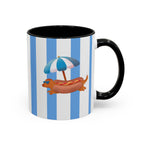 Hot Dog Dachshund Coffee Mug | Cute Wiener Dog with Beach Umbrella on Blue Stripes (11/15oz)
