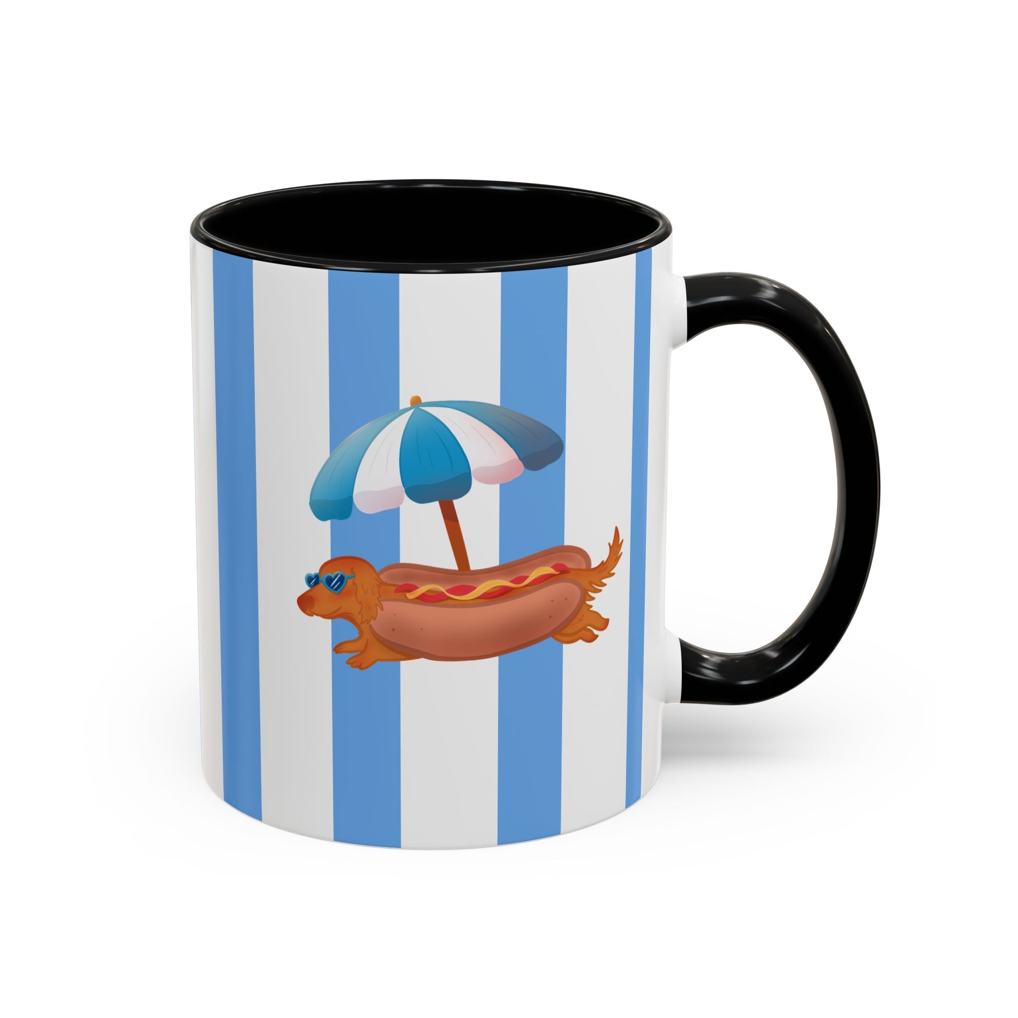 Hot Dog Dachshund Coffee Mug | Cute Wiener Dog with Beach Umbrella on Blue Stripes (11/15oz)