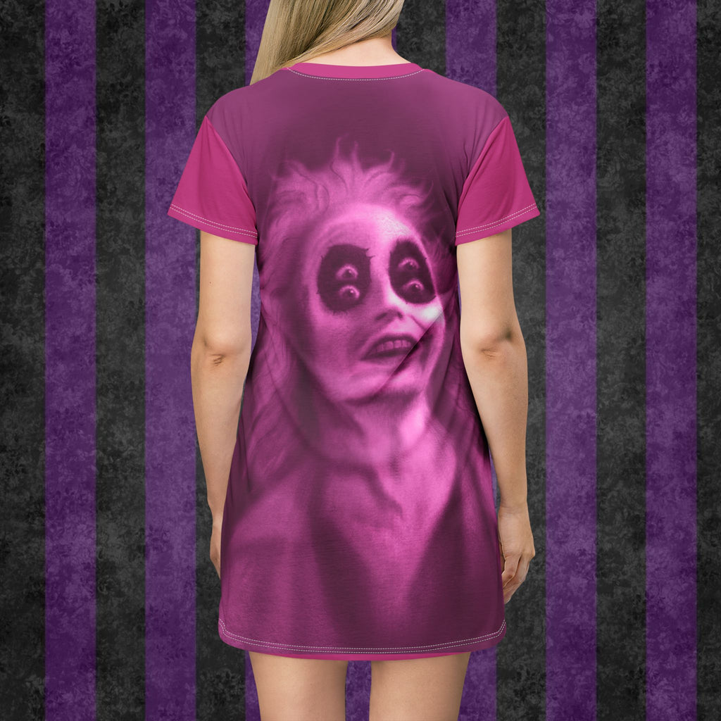 Gothic Beetlejuice Portrait T-Shirt Dress — Pink Haunted Movie Art