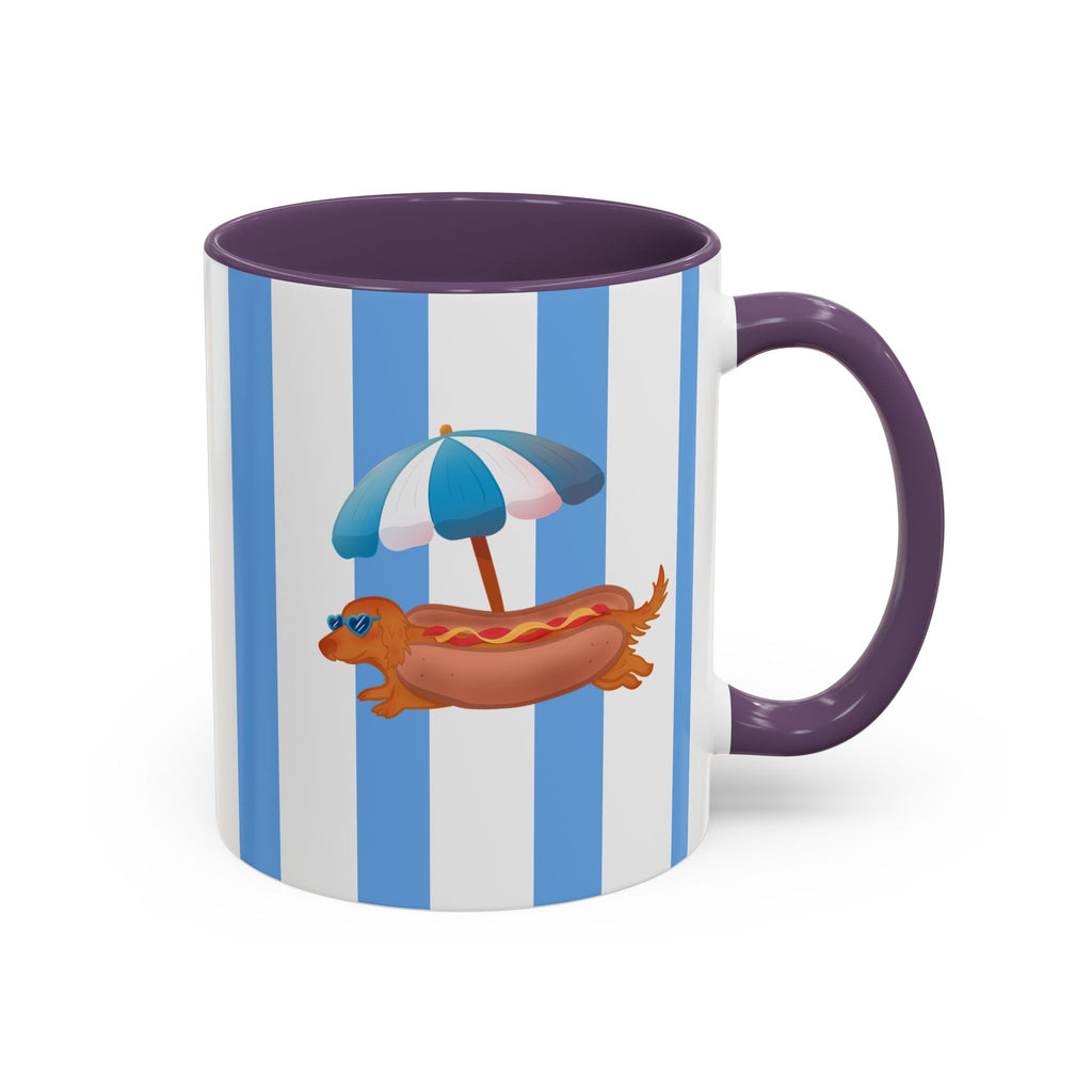Hot Dog Dachshund Coffee Mug | Cute Wiener Dog with Beach Umbrella on Blue Stripes (11/15oz)
