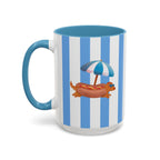 Hot Dog Dachshund Coffee Mug | Cute Wiener Dog with Beach Umbrella on Blue Stripes (11/15oz)