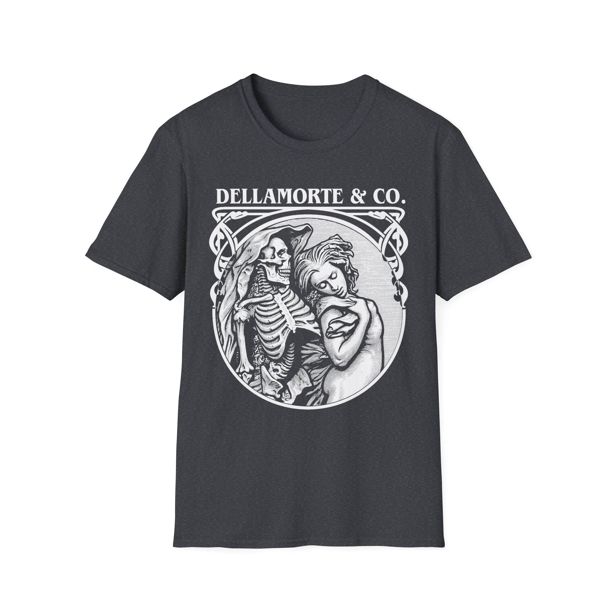 Death and the Maiden Shirt | Gothic Grim Reaper T-Shirt | Dellamorte Dark Academia Tee | Macabre Romance | Occult Halloween Apparel Dark Heather Grey