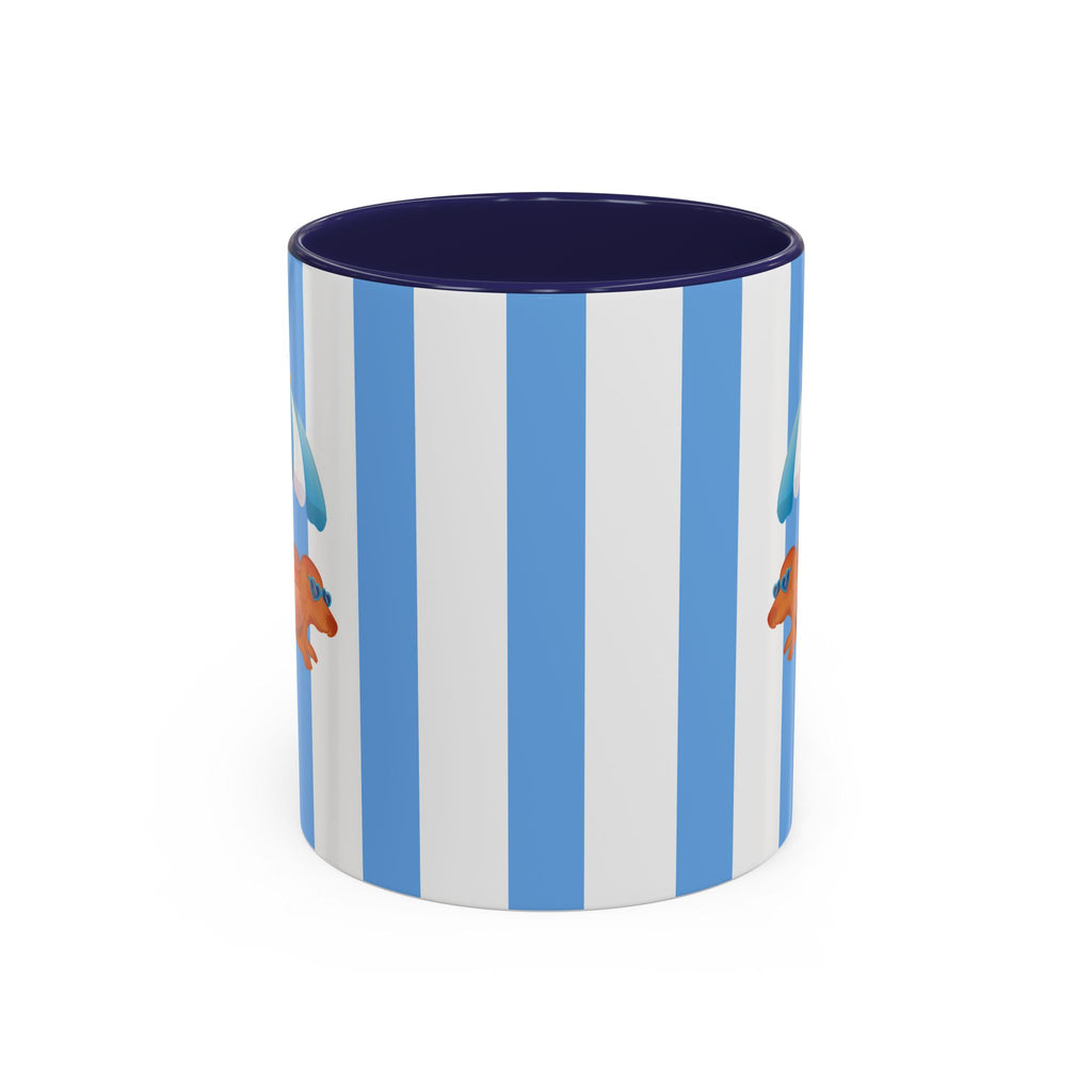Hot Dog Dachshund Coffee Mug | Cute Wiener Dog with Beach Umbrella on Blue Stripes (11/15oz)