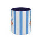 Hot Dog Dachshund Coffee Mug | Cute Wiener Dog with Beach Umbrella on Blue Stripes (11/15oz)