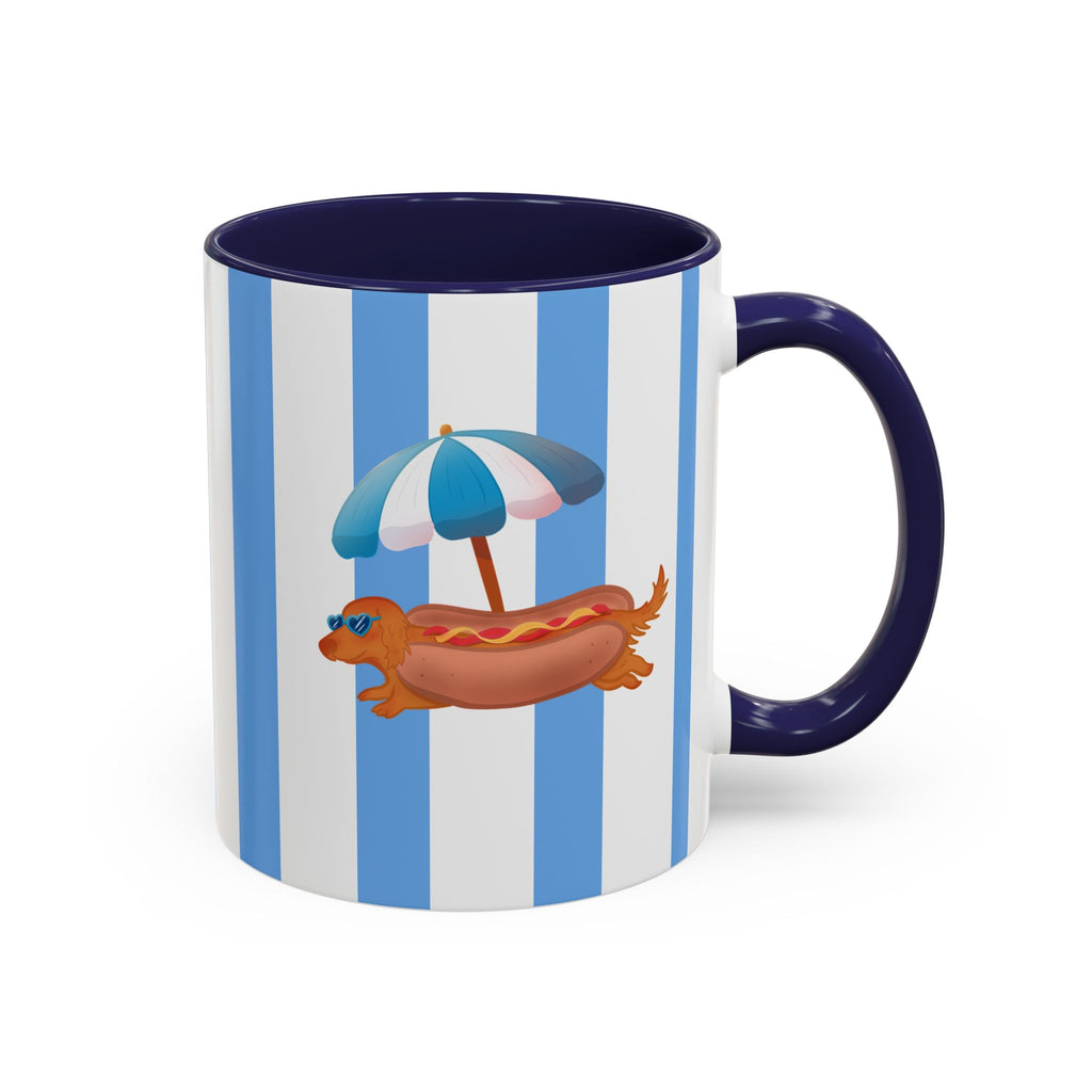Hot Dog Dachshund Coffee Mug | Cute Wiener Dog with Beach Umbrella on Blue Stripes (11/15oz)