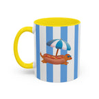 Hot Dog Dachshund Coffee Mug | Cute Wiener Dog with Beach Umbrella on Blue Stripes (11/15oz)