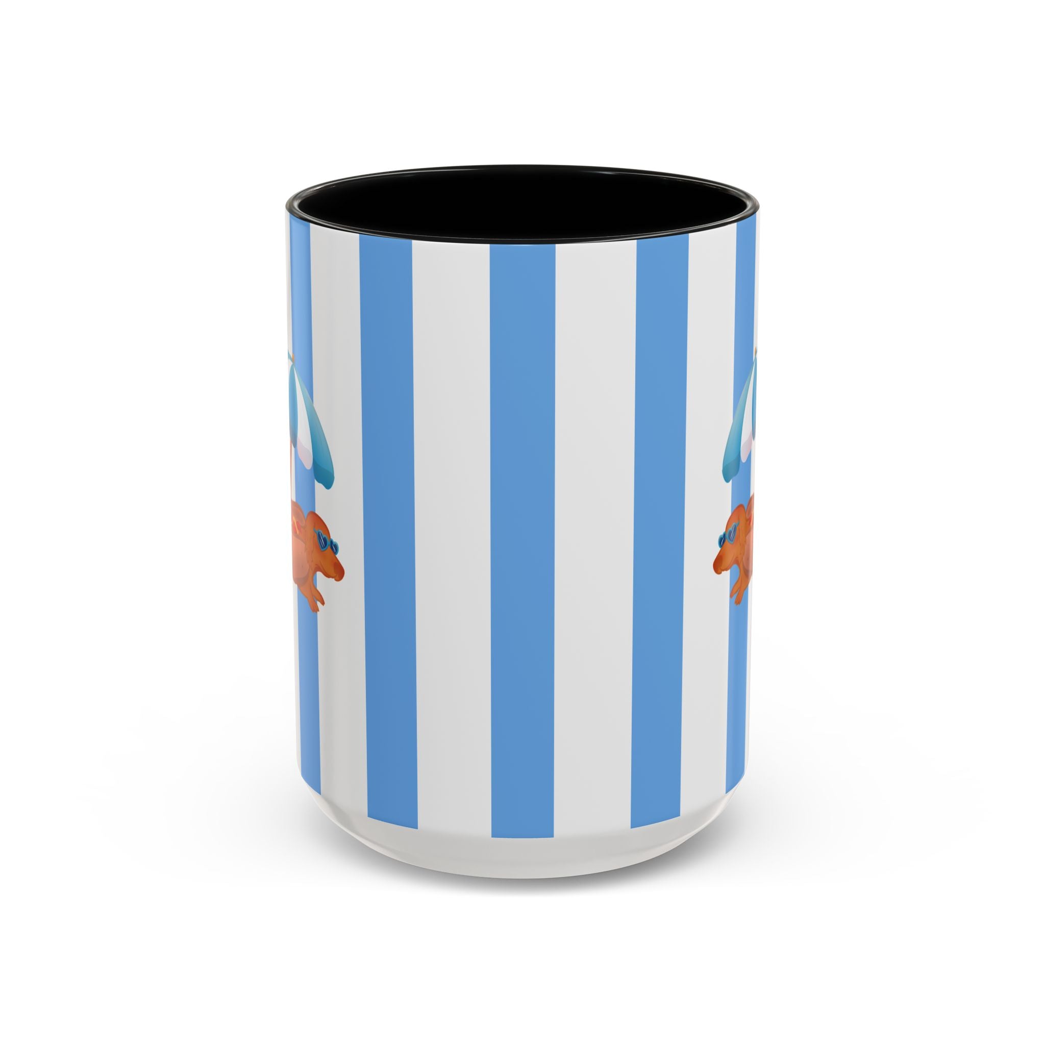 Hot Dog Dachshund Coffee Mug | Cute Wiener Dog with Beach Umbrella on Blue Stripes (11/15oz)
