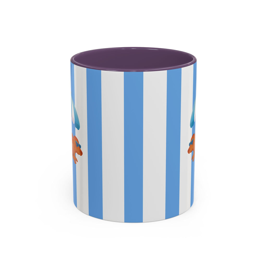 Hot Dog Dachshund Coffee Mug | Cute Wiener Dog with Beach Umbrella on Blue Stripes (11/15oz)