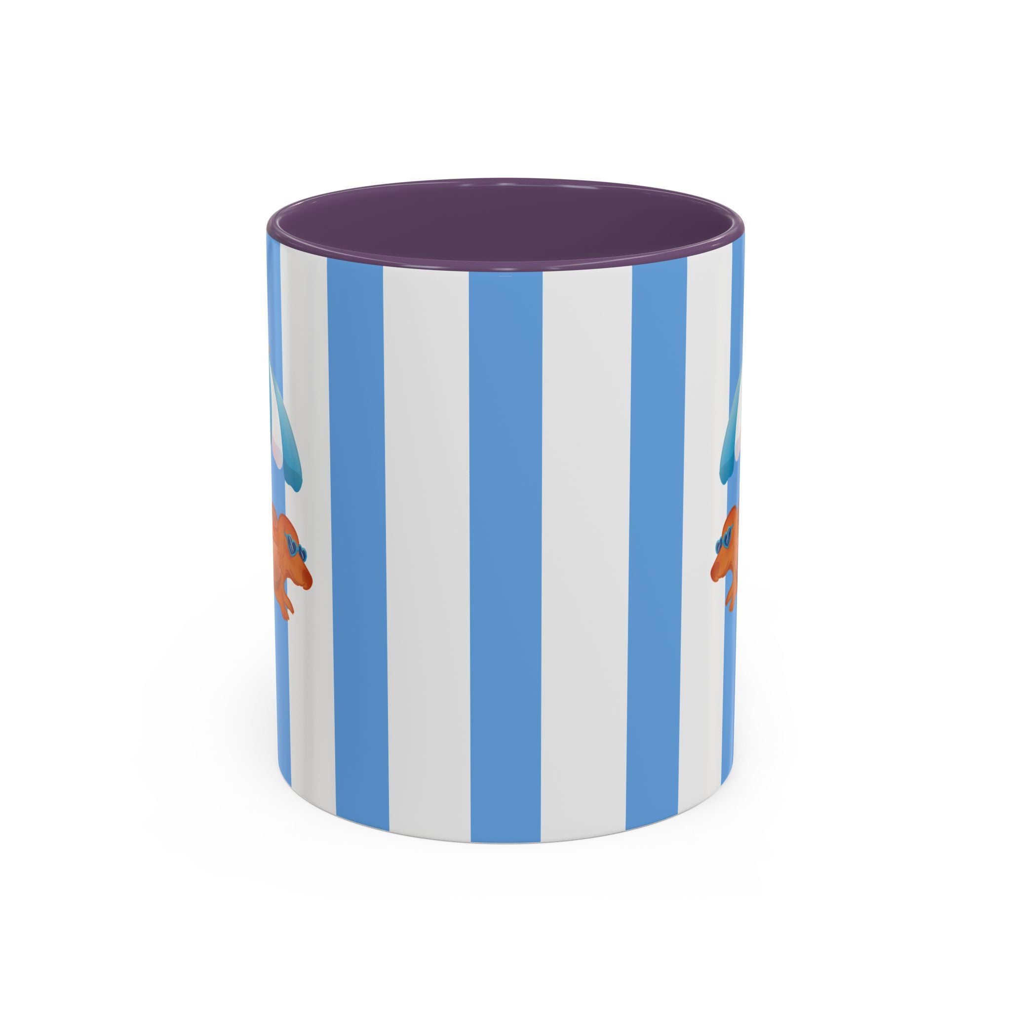 Hot Dog Dachshund Coffee Mug | Cute Wiener Dog with Beach Umbrella on Blue Stripes (11/15oz)