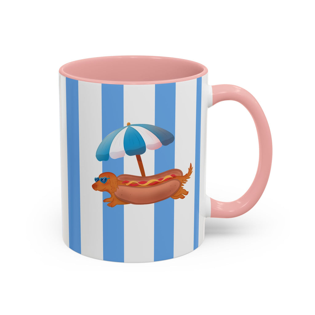 Hot Dog Dachshund Coffee Mug | Cute Wiener Dog with Beach Umbrella on Blue Stripes (11/15oz)