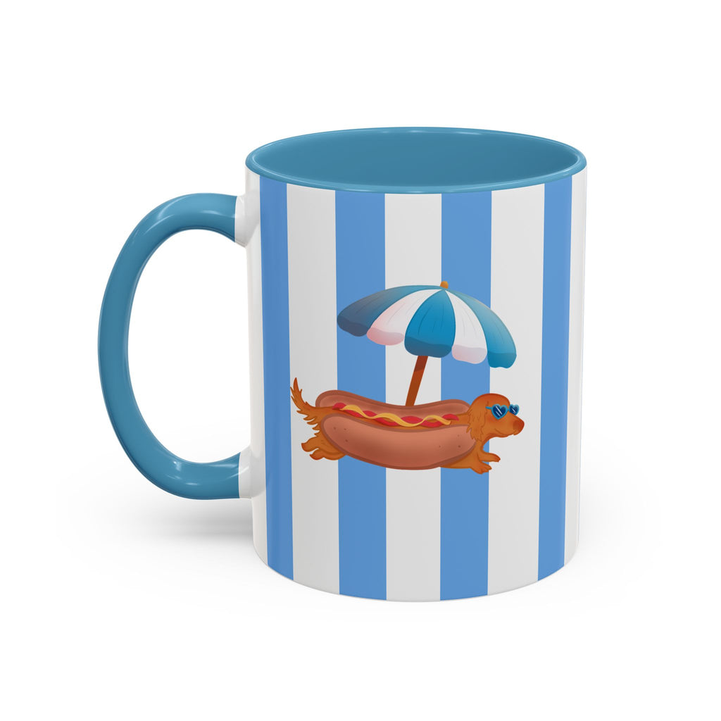 Hot Dog Dachshund Coffee Mug | Cute Wiener Dog with Beach Umbrella on Blue Stripes (11/15oz)