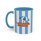 Hot Dog Dachshund Coffee Mug | Cute Wiener Dog with Beach Umbrella on Blue Stripes (11/15oz)