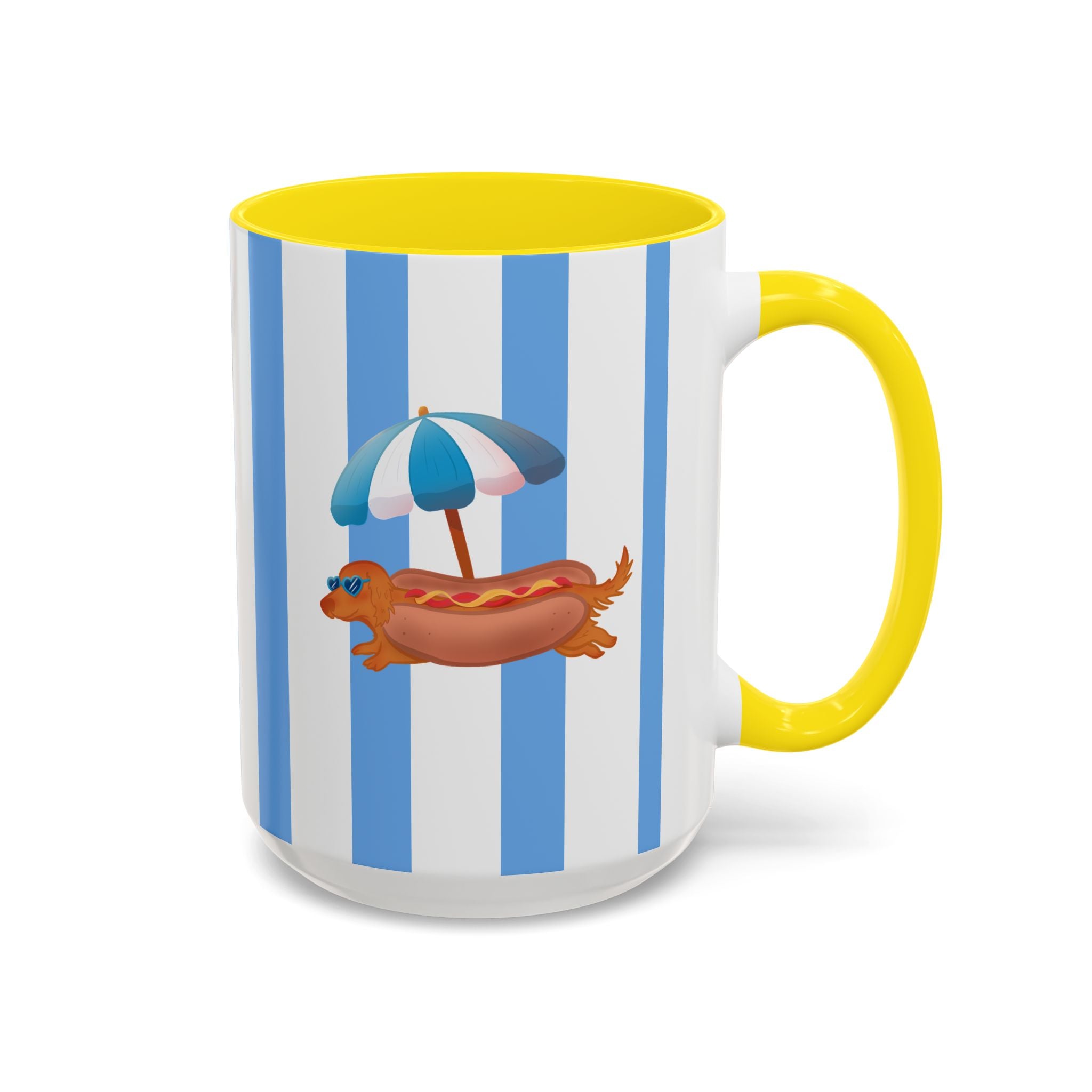 Hot Dog Dachshund Coffee Mug | Cute Wiener Dog with Beach Umbrella on Blue Stripes (11/15oz)