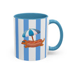 Hot Dog Dachshund Coffee Mug | Cute Wiener Dog with Beach Umbrella on Blue Stripes (11/15oz)