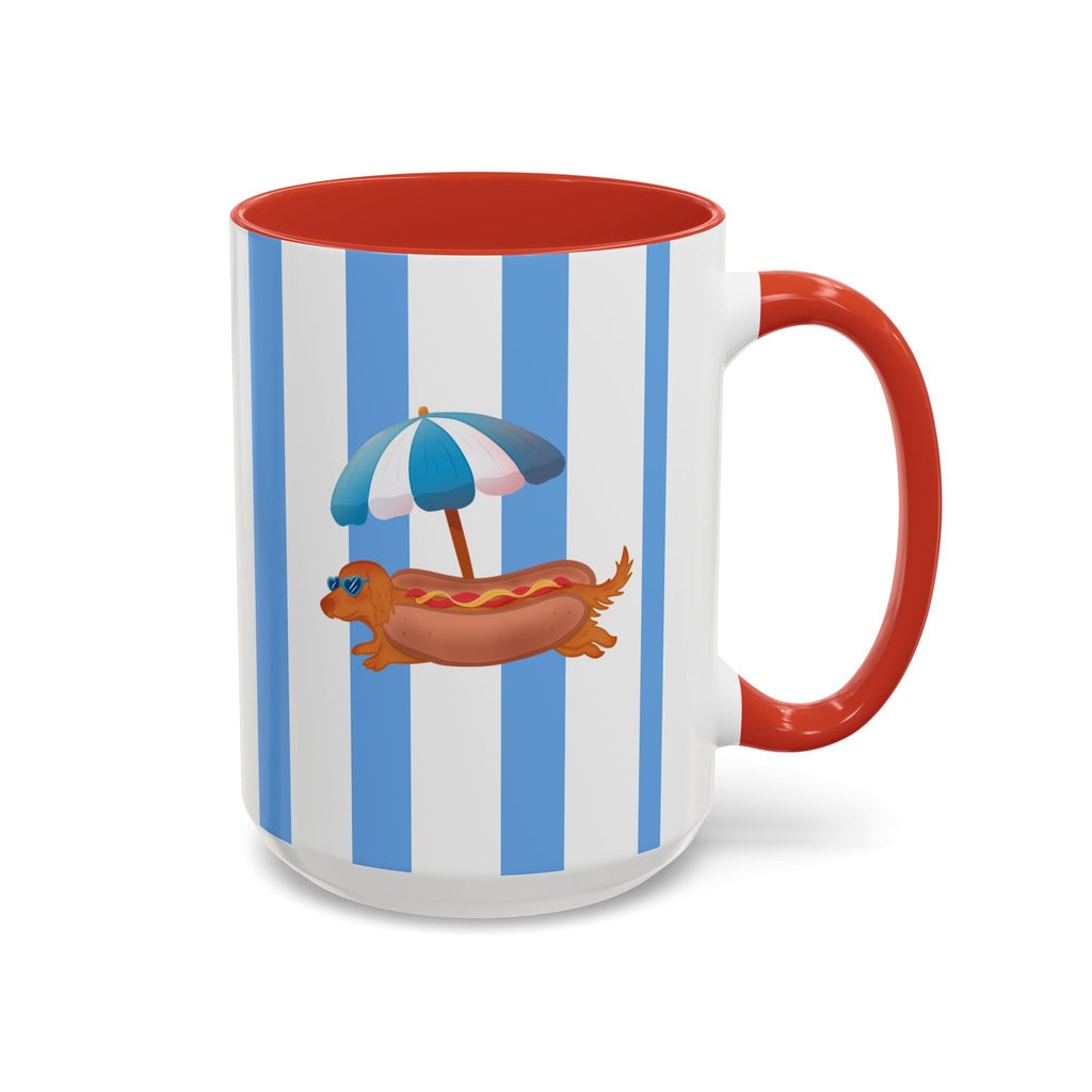 Hot Dog Dachshund Coffee Mug | Cute Wiener Dog with Beach Umbrella on Blue Stripes (11/15oz)