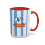 Hot Dog Dachshund Coffee Mug | Cute Wiener Dog with Beach Umbrella on Blue Stripes (11/15oz)
