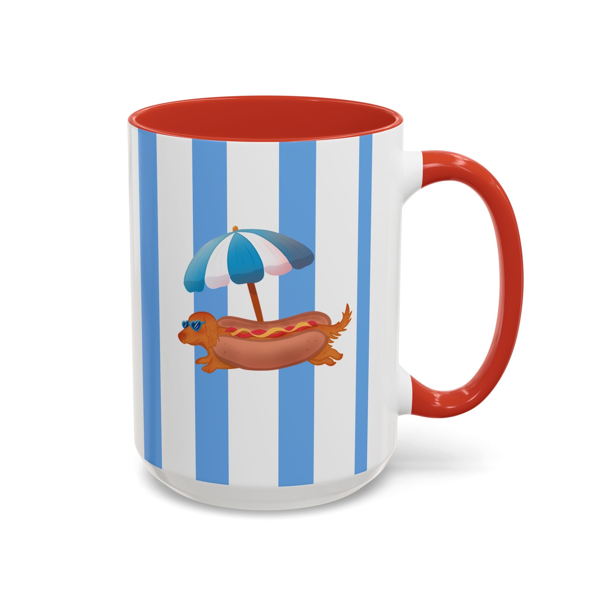 Hot Dog Dachshund Coffee Mug | Cute Wiener Dog with Beach Umbrella on Blue Stripes (11/15oz)