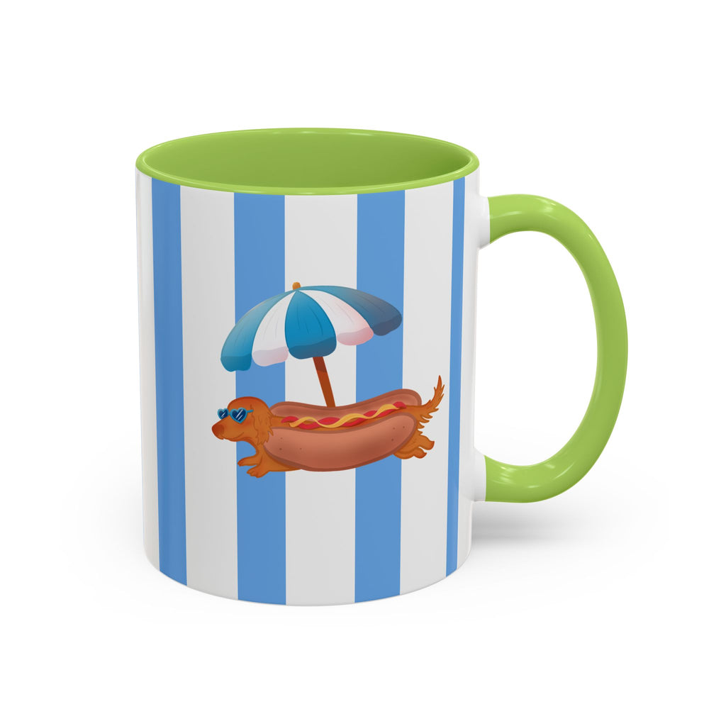 Hot Dog Dachshund Coffee Mug | Cute Wiener Dog with Beach Umbrella on Blue Stripes (11/15oz)