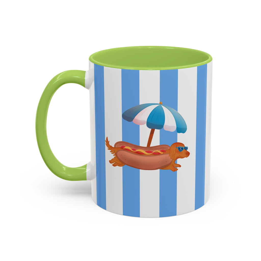 Hot Dog Dachshund Coffee Mug | Cute Wiener Dog with Beach Umbrella on Blue Stripes (11/15oz)