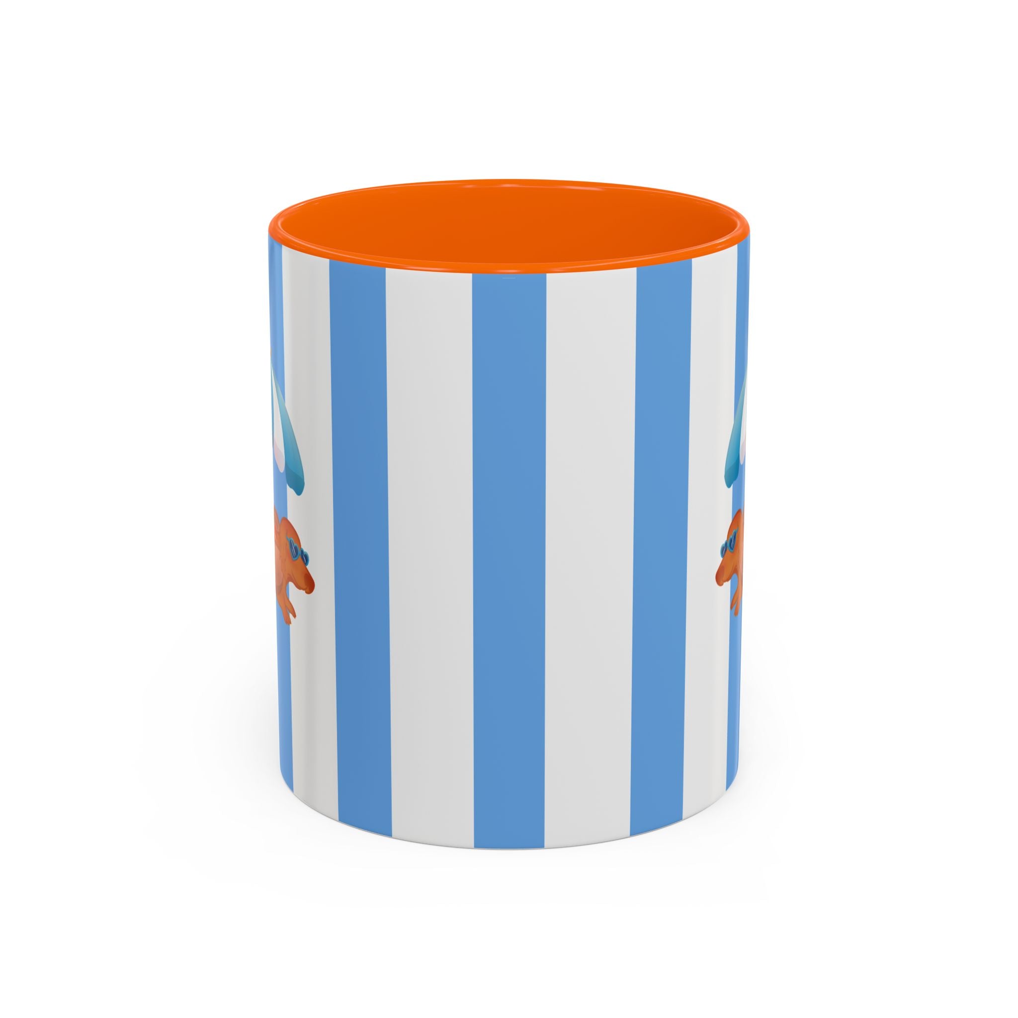 Hot Dog Dachshund Coffee Mug | Cute Wiener Dog with Beach Umbrella on Blue Stripes (11/15oz)