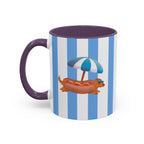 Hot Dog Dachshund Coffee Mug | Cute Wiener Dog with Beach Umbrella on Blue Stripes (11/15oz)