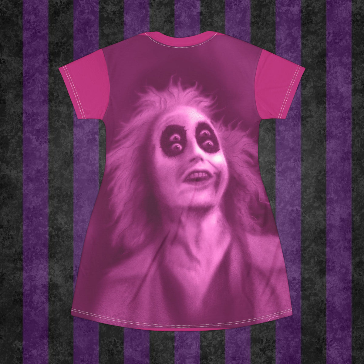 Gothic Beetlejuice Portrait T-Shirt Dress — Pink Haunted Movie Art