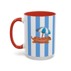 Hot Dog Dachshund Coffee Mug | Cute Wiener Dog with Beach Umbrella on Blue Stripes (11/15oz)