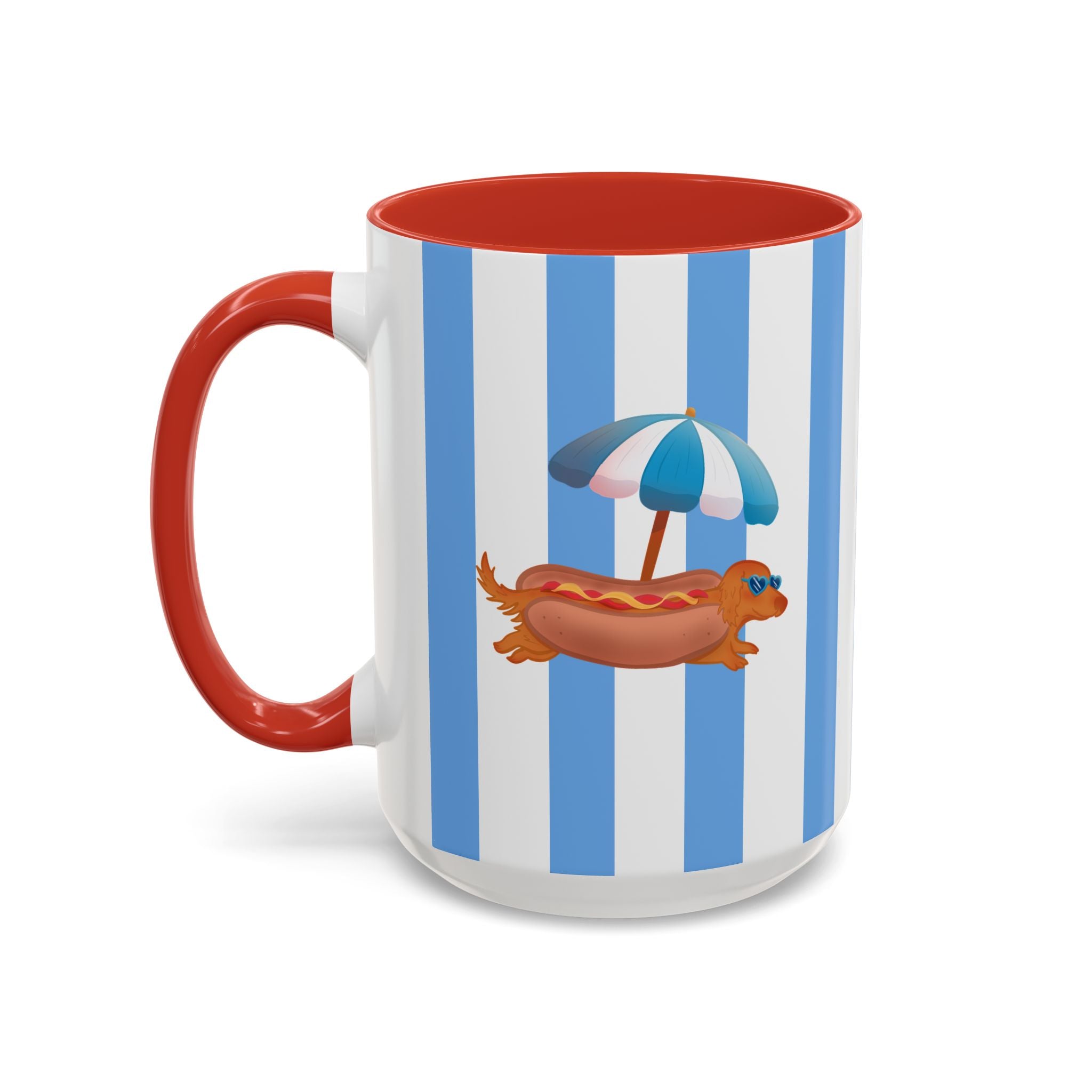 Hot Dog Dachshund Coffee Mug | Cute Wiener Dog with Beach Umbrella on Blue Stripes (11/15oz)