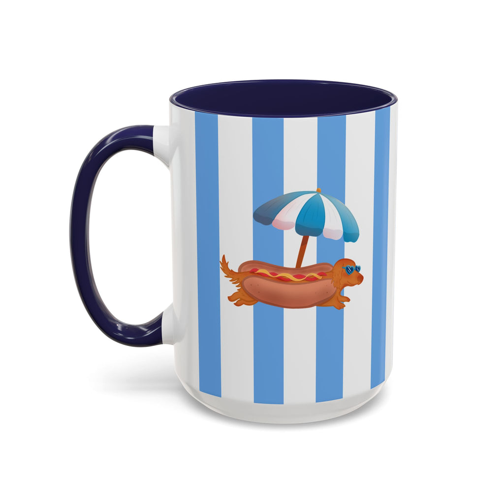 Hot Dog Dachshund Coffee Mug | Cute Wiener Dog with Beach Umbrella on Blue Stripes (11/15oz)