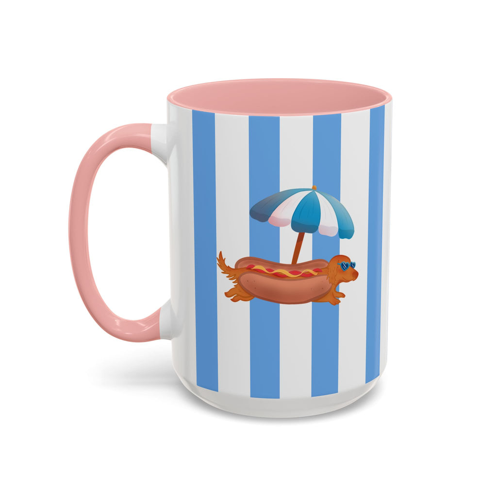 Hot Dog Dachshund Coffee Mug | Cute Wiener Dog with Beach Umbrella on Blue Stripes (11/15oz)