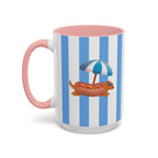 Hot Dog Dachshund Coffee Mug | Cute Wiener Dog with Beach Umbrella on Blue Stripes (11/15oz)