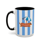 Hot Dog Dachshund Coffee Mug | Cute Wiener Dog with Beach Umbrella on Blue Stripes (11/15oz)