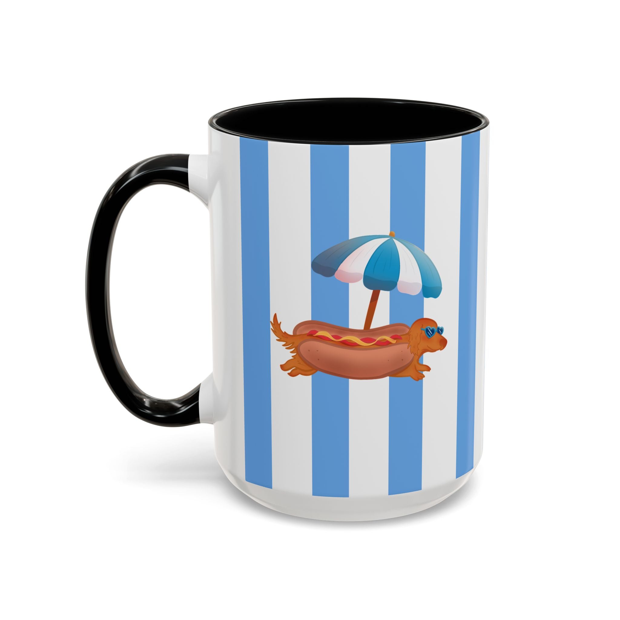 Hot Dog Dachshund Coffee Mug | Cute Wiener Dog with Beach Umbrella on Blue Stripes (11/15oz)
