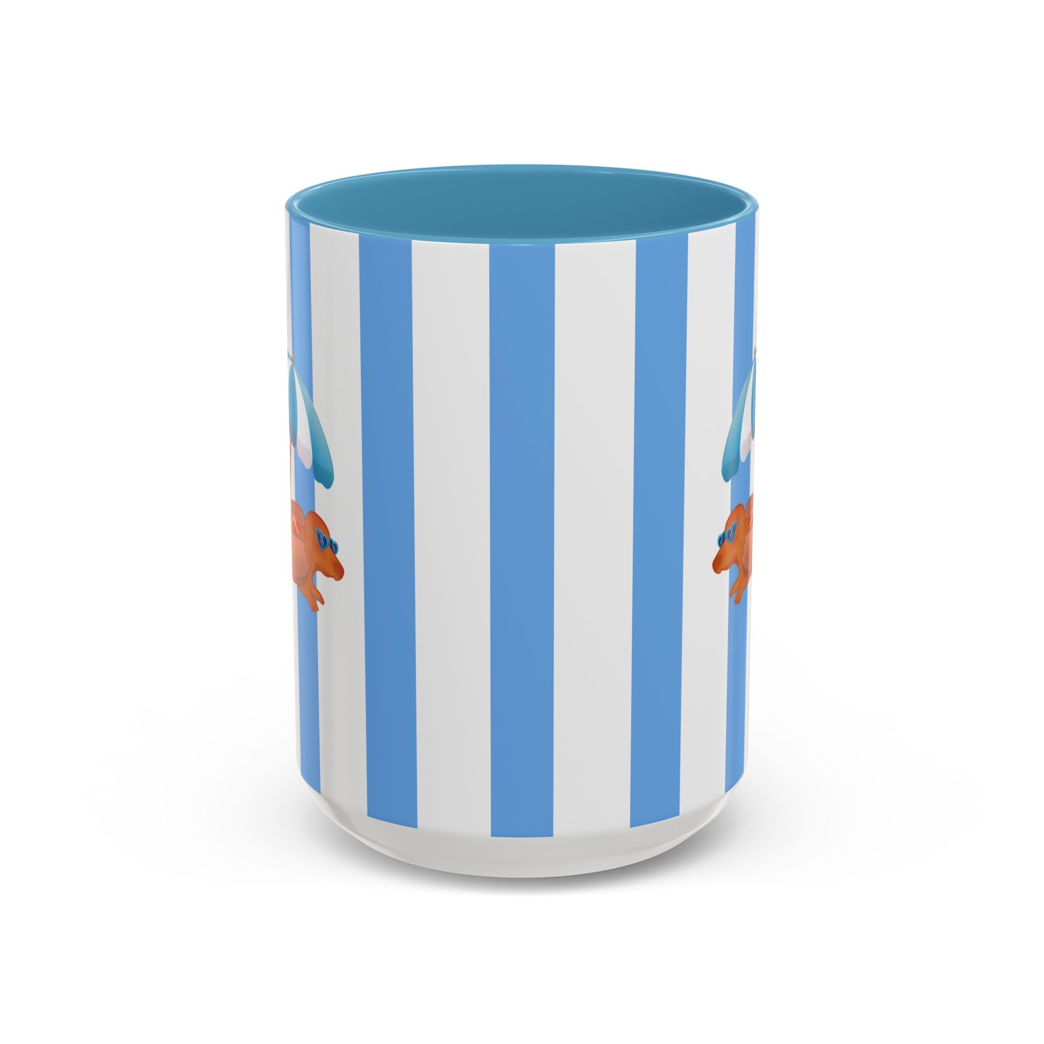 Hot Dog Dachshund Coffee Mug | Cute Wiener Dog with Beach Umbrella on Blue Stripes (11/15oz)