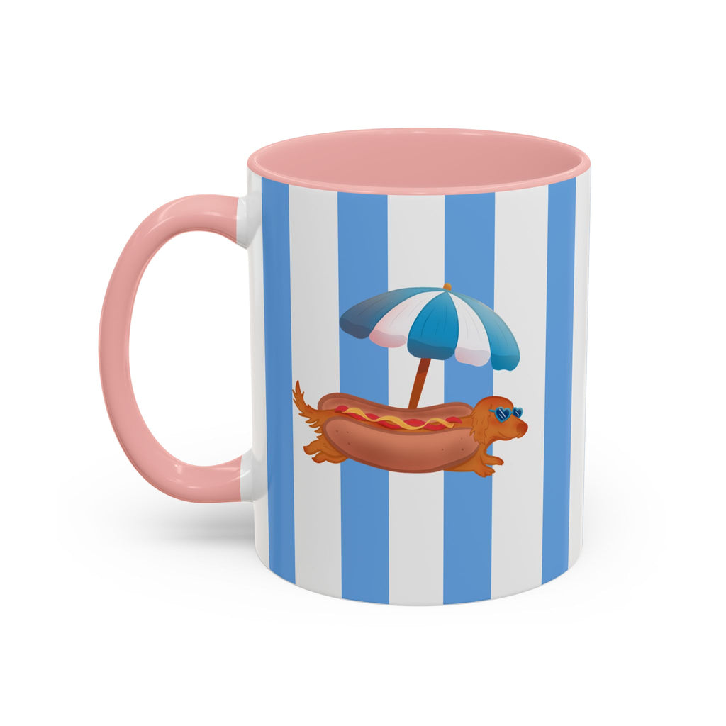 Hot Dog Dachshund Coffee Mug | Cute Wiener Dog with Beach Umbrella on Blue Stripes (11/15oz)