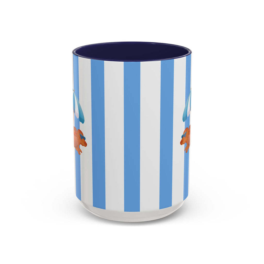 Hot Dog Dachshund Coffee Mug | Cute Wiener Dog with Beach Umbrella on Blue Stripes (11/15oz)