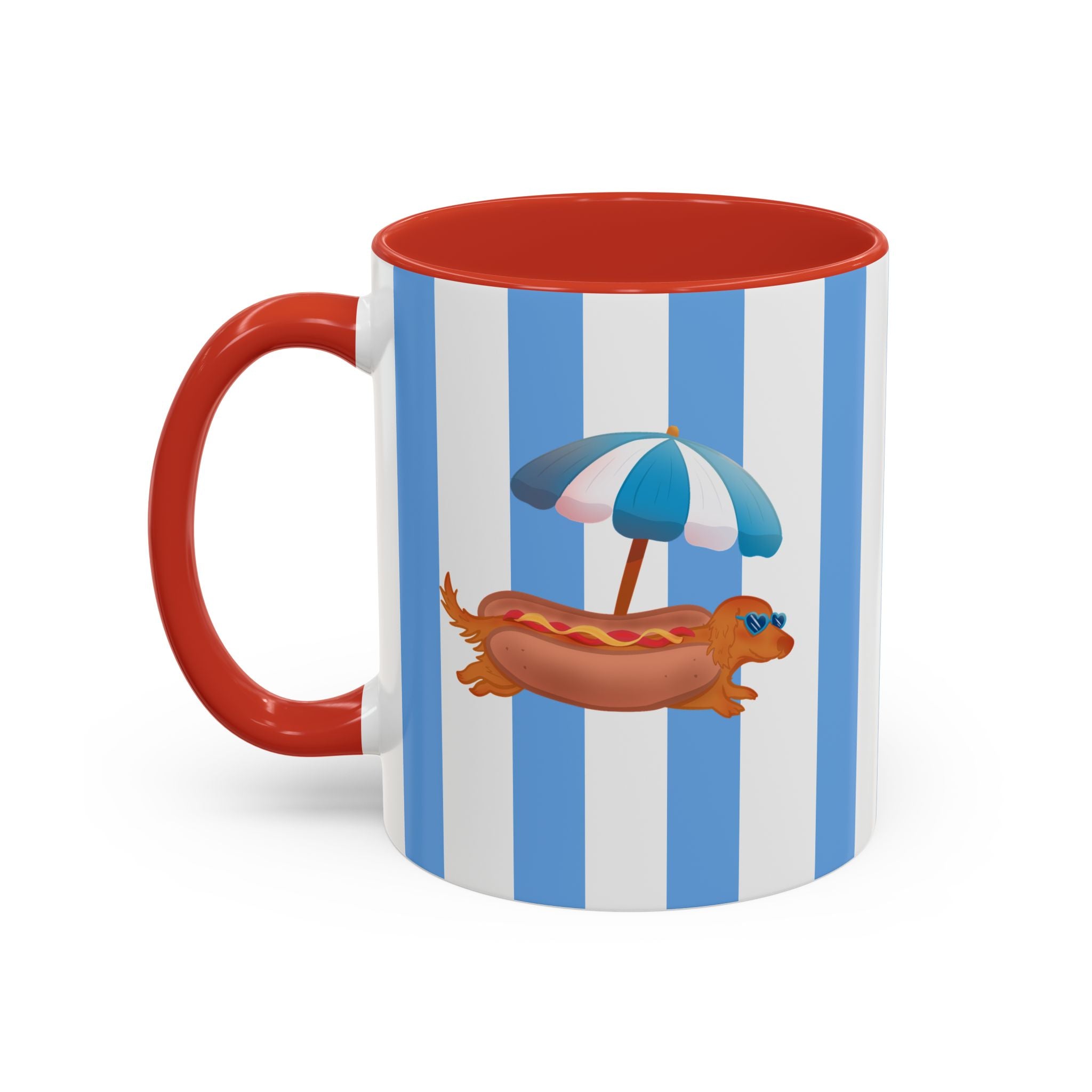 Hot Dog Dachshund Coffee Mug | Cute Wiener Dog with Beach Umbrella on Blue Stripes (11/15oz)