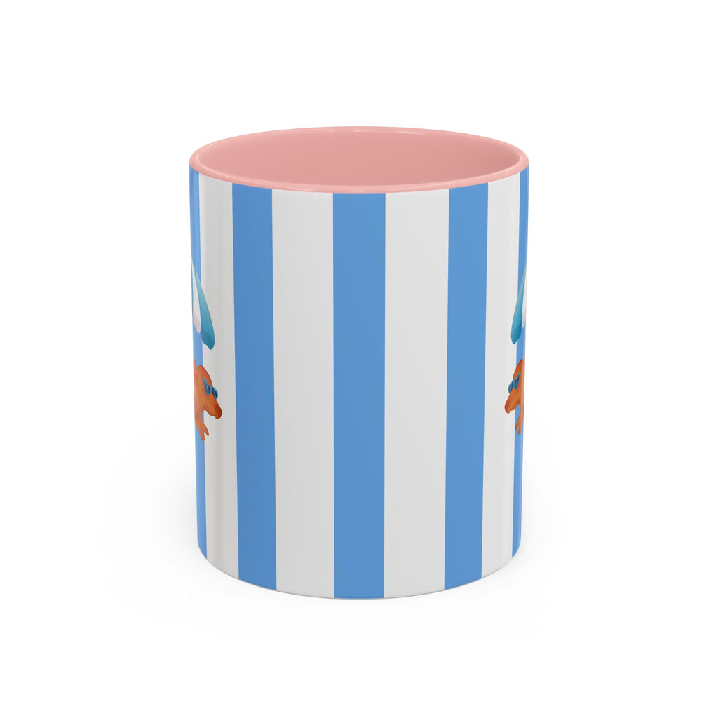 Hot Dog Dachshund Coffee Mug | Cute Wiener Dog with Beach Umbrella on Blue Stripes (11/15oz)