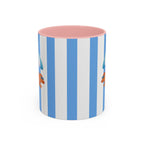 Hot Dog Dachshund Coffee Mug | Cute Wiener Dog with Beach Umbrella on Blue Stripes (11/15oz)
