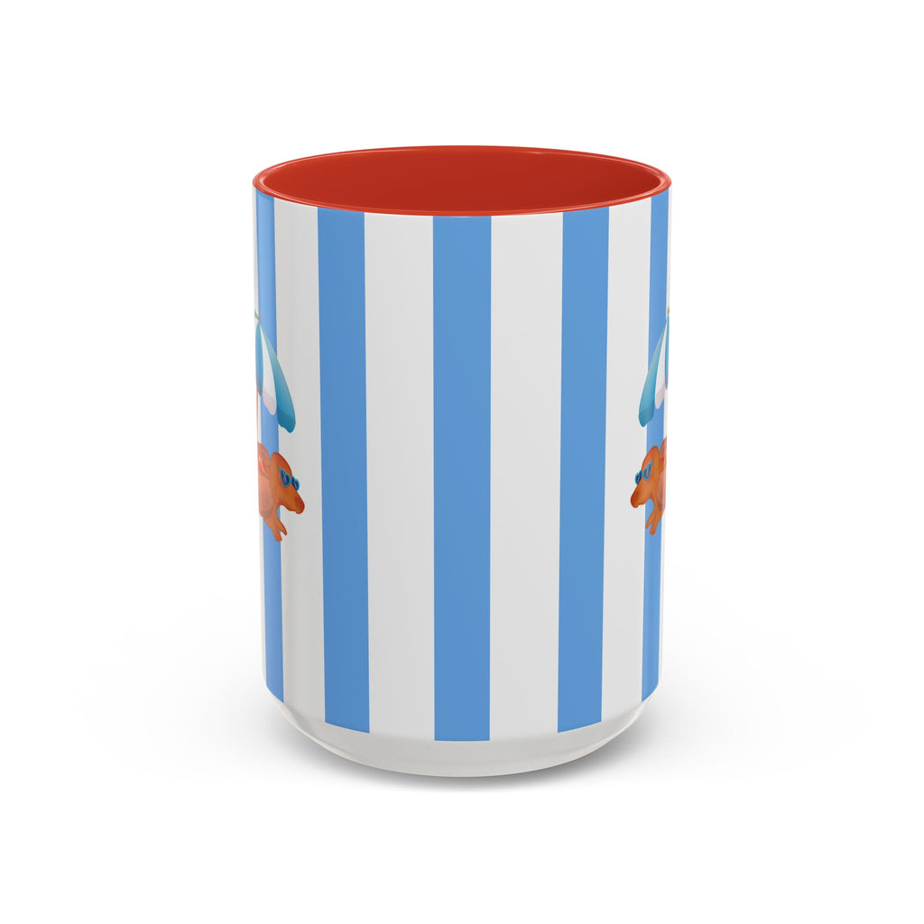 Hot Dog Dachshund Coffee Mug | Cute Wiener Dog with Beach Umbrella on Blue Stripes (11/15oz)