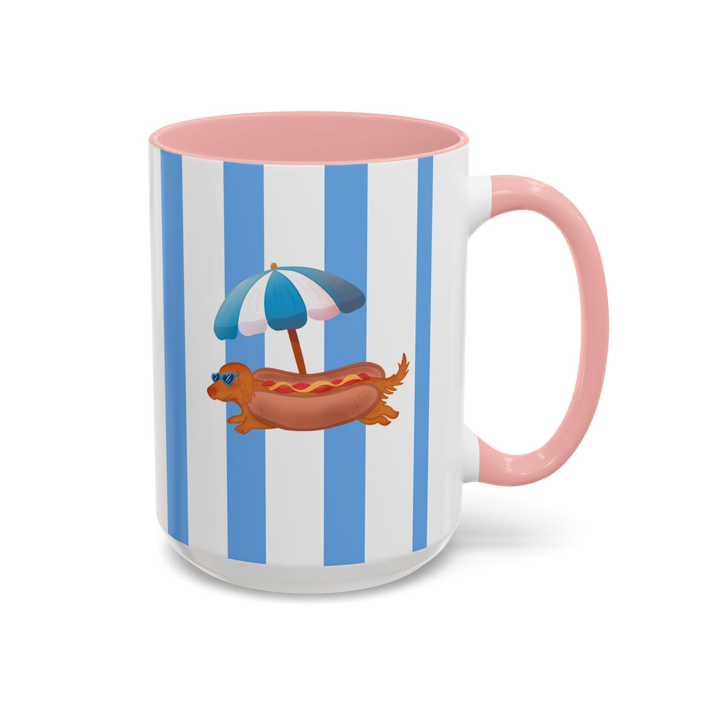 Hot Dog Dachshund Coffee Mug | Cute Wiener Dog with Beach Umbrella on Blue Stripes (11/15oz)