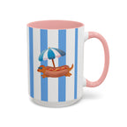 Hot Dog Dachshund Coffee Mug | Cute Wiener Dog with Beach Umbrella on Blue Stripes (11/15oz)
