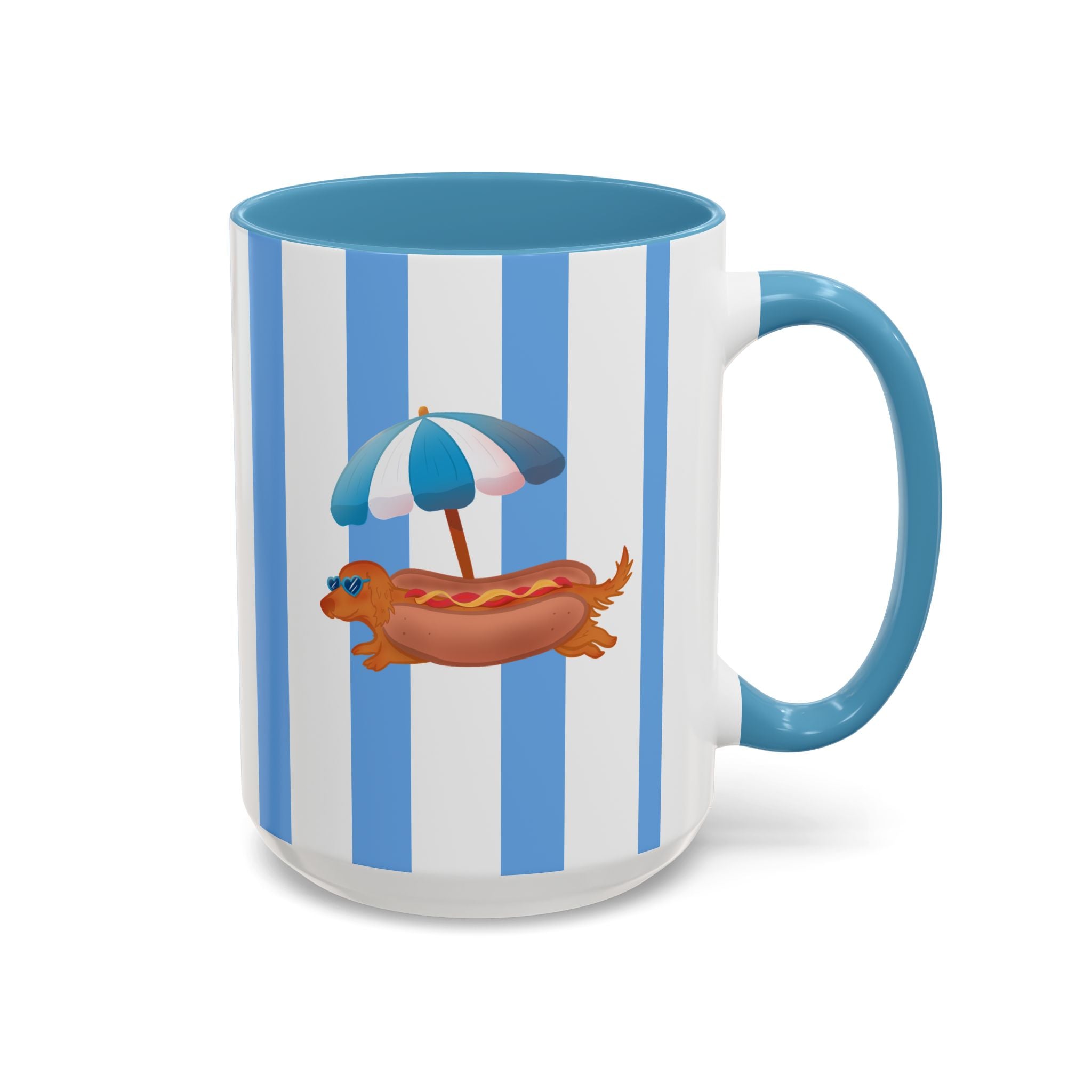 Hot Dog Dachshund Coffee Mug | Cute Wiener Dog with Beach Umbrella on Blue Stripes (11/15oz)