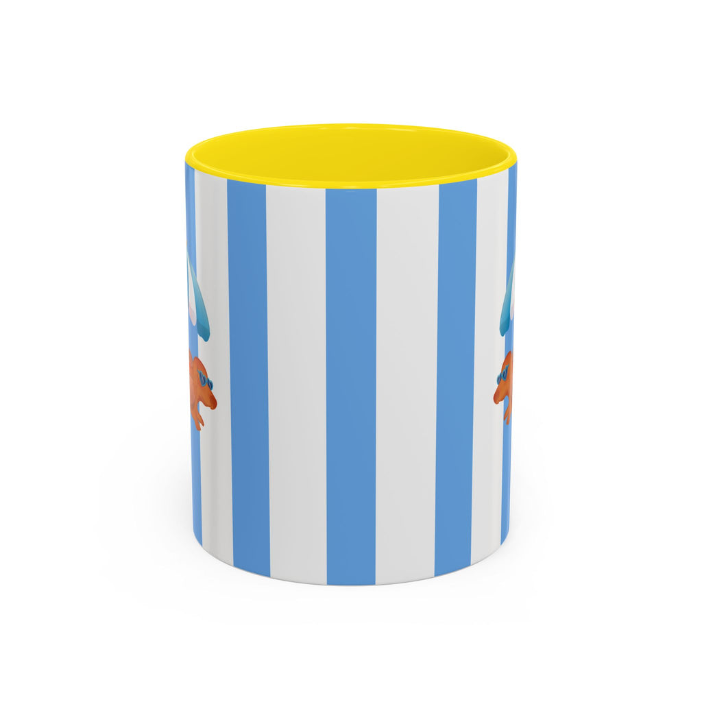 Hot Dog Dachshund Coffee Mug | Cute Wiener Dog with Beach Umbrella on Blue Stripes (11/15oz)