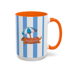 Hot Dog Dachshund Coffee Mug | Cute Wiener Dog with Beach Umbrella on Blue Stripes (11/15oz)