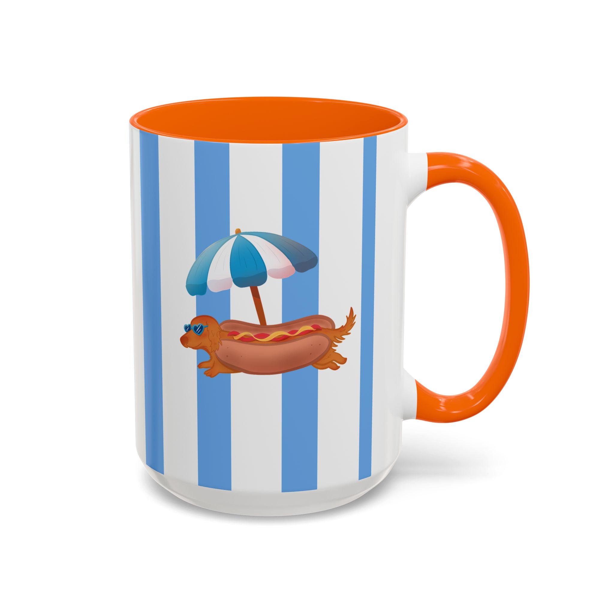 Hot Dog Dachshund Coffee Mug | Cute Wiener Dog with Beach Umbrella on Blue Stripes (11/15oz)