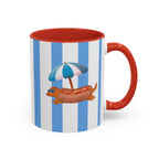 Hot Dog Dachshund Coffee Mug | Cute Wiener Dog with Beach Umbrella on Blue Stripes (11/15oz)