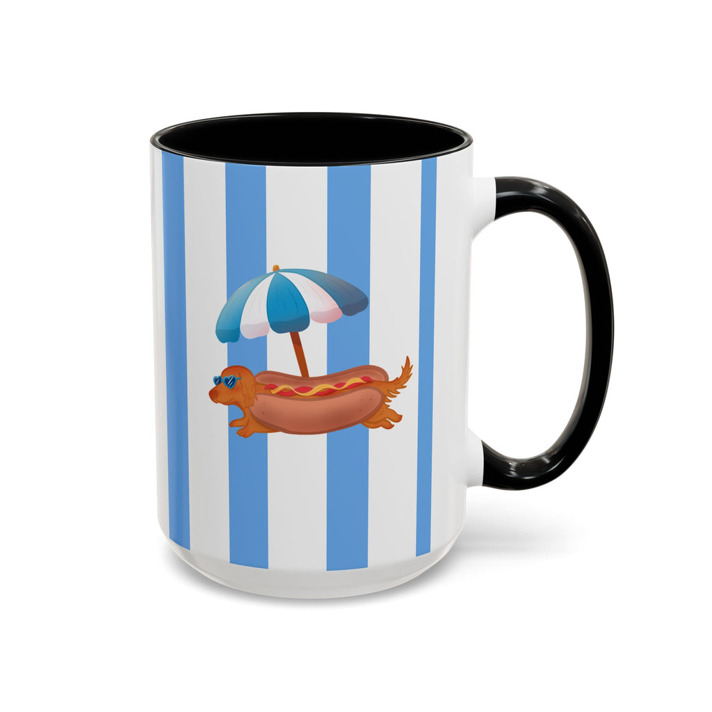 Hot Dog Dachshund Coffee Mug | Cute Wiener Dog with Beach Umbrella on Blue Stripes (11/15oz)